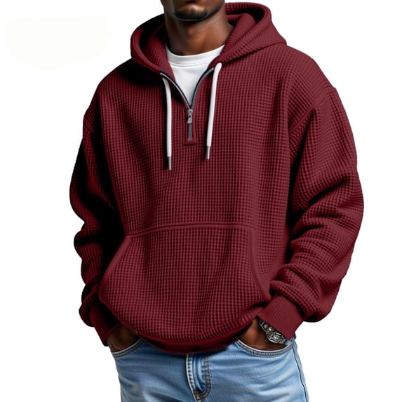 Nestiefly Waffle Knit Hoodies for Men Quarter Zip Drawstring Hooded Sweatshirts Jackets, long sleeve relaxed cut Wine 2XL