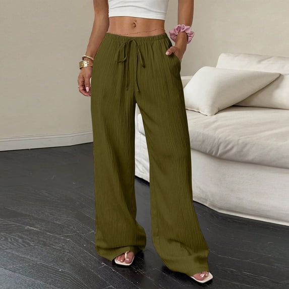 Nestiefly Wide Leg Linen Pants Women Casual Summer Beach Palazzo Pants High Waisted Straight Leg Lounge Trousers with Pockets Army Green XL