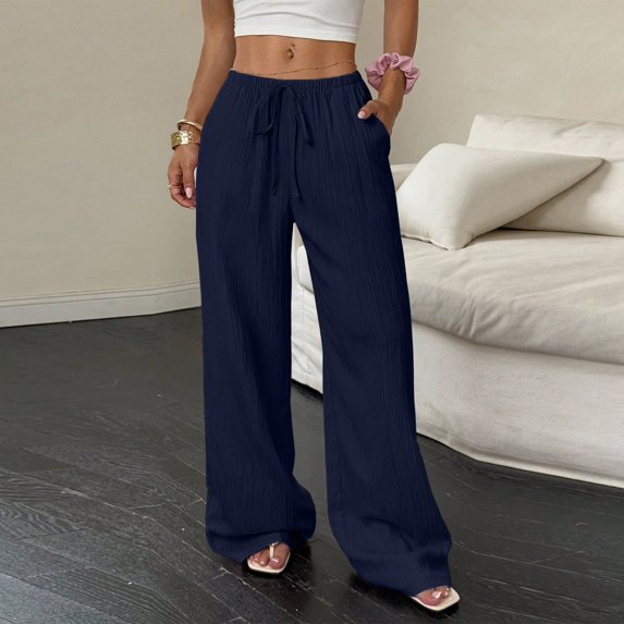 Nestiefly Wide Leg Linen Pants Women Casual Summer Beach Palazzo Pants High Waisted Straight Leg Lounge Trousers with Pockets Navy XL
