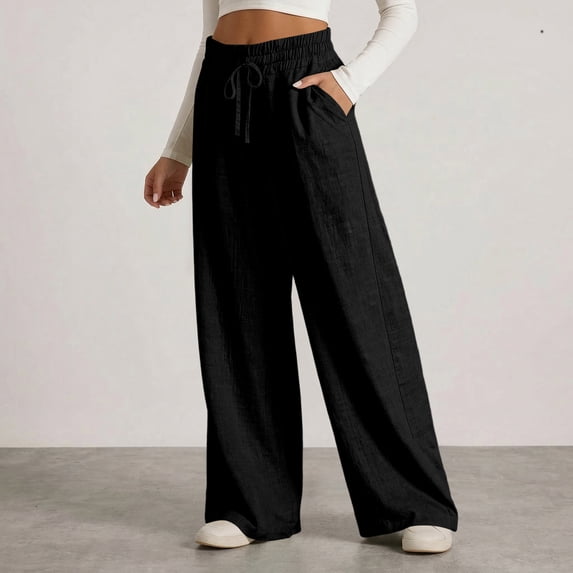 Nestiefly Wide Leg Linen Pants Womens Summer Loose Beach Pants for Women Vacation Lightweight Straight Leg Trousers with Pockets 2026 Black 3XL