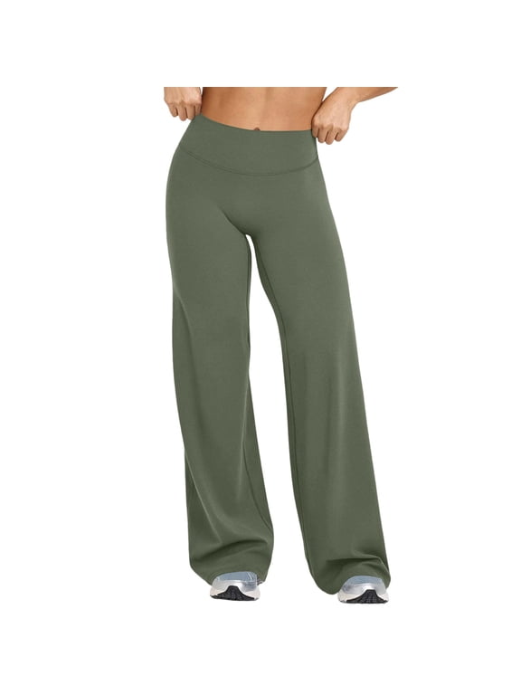 Wide Leg Yoga Pants Bottoms Straight Leg Leggings for Women High Waist Stretch Booty Casual Gym Workout Sweatpants Green XL