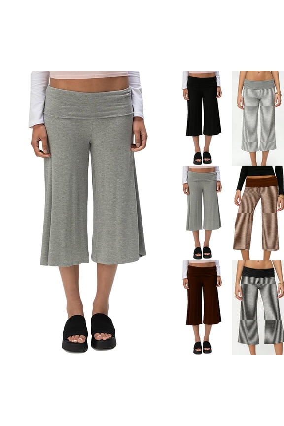 Women Casual Wide Leg Cropped Pants Low Rise Fold Over Stretch Gaucho Pants for Summer Beach Holiday Streetwear Black XL