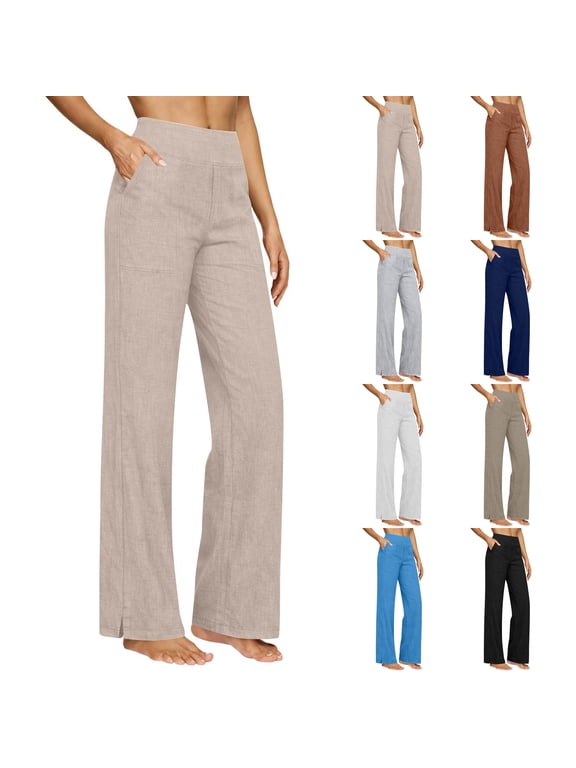 Women Cotton Linen Split Hem Pants 2026 Spring Summer High Waisted Button Up Straight Leg Trousers Beach Casual Vacation Pant Navy S