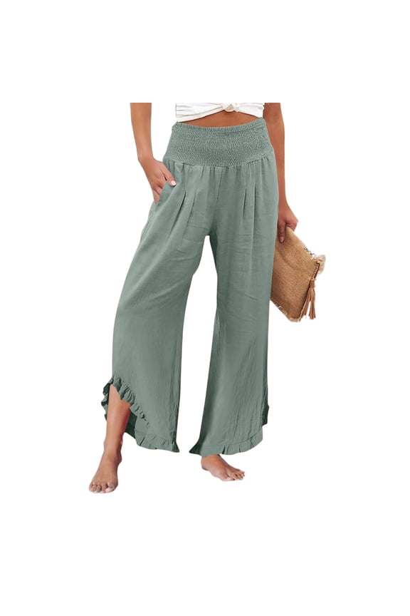 Women Linen Pants Smocked Waist Ruffle Hem Pants Boho Flowy Beach Pant with Pockets Wide Leg Spring Summer Trousers Mint Green L