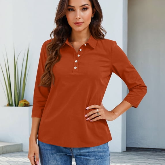 Nestiefly Women Polo Shirt 3/4 Length Sleeve Tops Collared Button Down Golf Tee Casual Spring Summer Work T Shirts Ginger XXL
