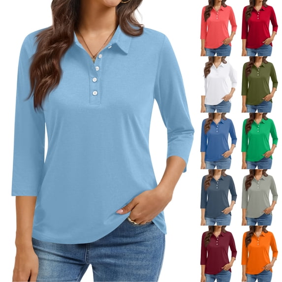 Nestiefly Women Polo Shirts 2026 Spring Summer 3/4 Sleeve Tops Collared Button Down Golf Tee Casual Work T Shirts Blouses Light Gray L