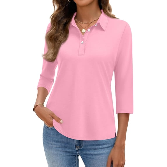 Nestiefly Women Polo Shirts Plus Size 3/4 Length Sleeve Solid Color Henley Tops Cotton Tunic Lapel V Neck Spring Top Pink L