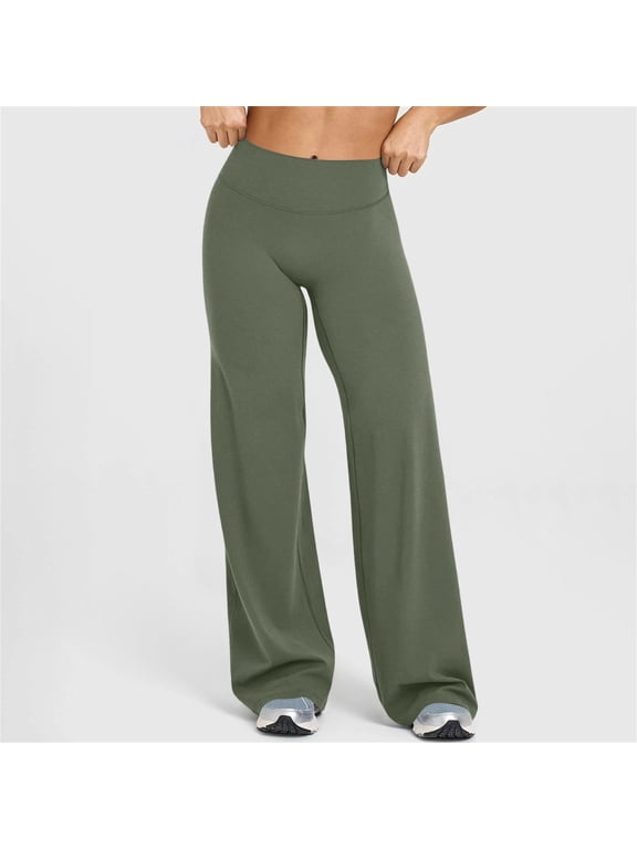 Women Straight Leggings Bottoms Wide Leg Pants High Waist Stretchy Comfy No Front Seam Yoga Workout Sweatpants Green L
