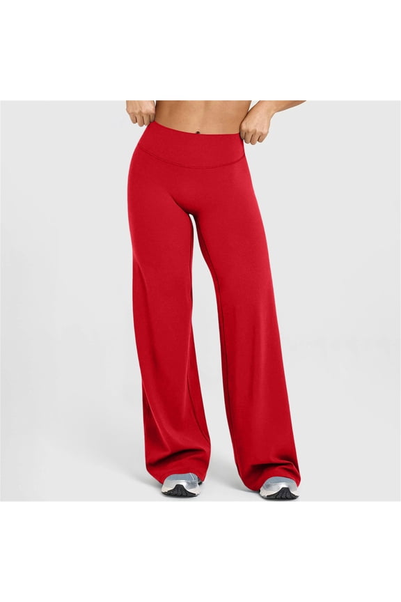 Women Straight Leggings Bottoms Wide Leg Pants High Waist Stretchy Comfy No Front Seam Yoga Workout Sweatpants Red 2XL