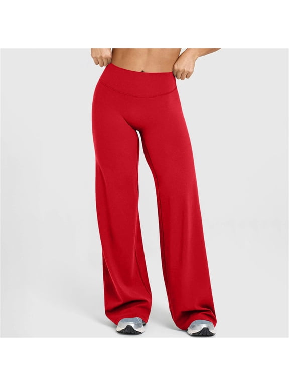 Women Straight Leggings Bottoms Wide Leg Pants High Waist Stretchy Comfy No Front Seam Yoga Workout Sweatpants Red L
