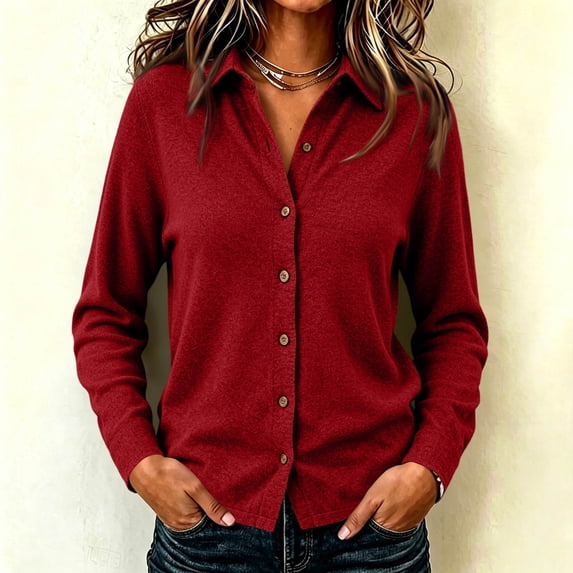 Nestiefly Women Sweater Cardigan Casual Cropped Collared Knit Cardigans Button Up Long Sleeve Fall Spring Sweaters Knitwear Wine 2XL