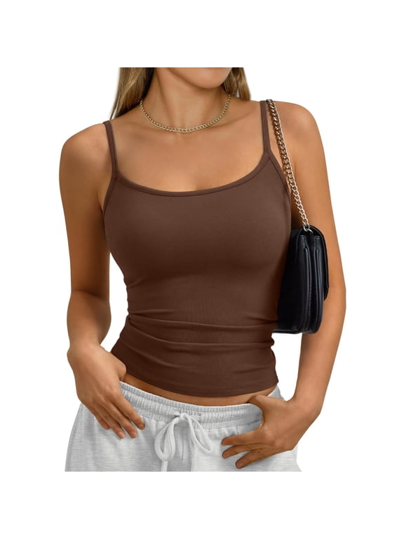 Women's Basic Tank Tops Adjustable Spaghetti Strap Camisole Slim Fit Summer Going Out Cami Tops 2026 Brown M