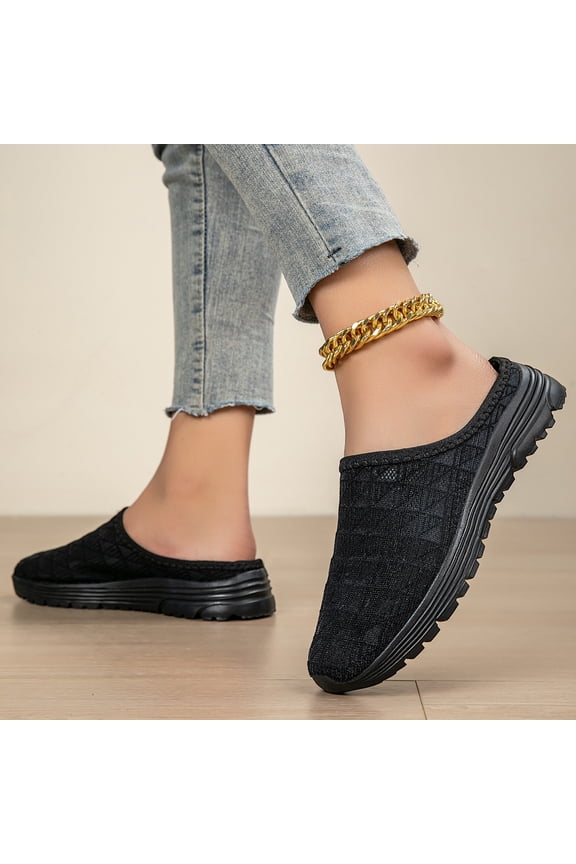 Women's Breathable Knit Slip-On Walking Shoes Orthopedic Slide on Backless Tennis Sneakers Loafers with Arch Support Casual Slip on Mules Memory Foam Clogs 2026 Black 39