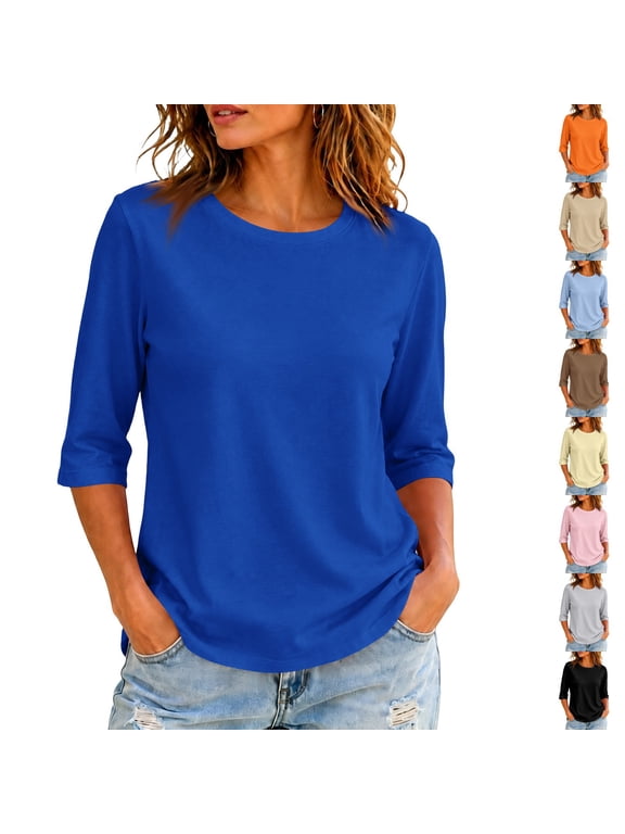 Women's Casual 3/4 Sleeve T-Shirts Crew Neck Tunic Soft Base Layer Tops Loose Fall Casual Pullover Cute Blouses Royal Blue M