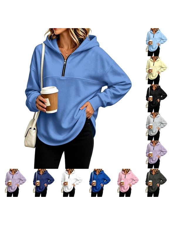 Women's Casual Long Sleeve High Neck Zip-Up Hoodie Sweatshirt Light Blue M