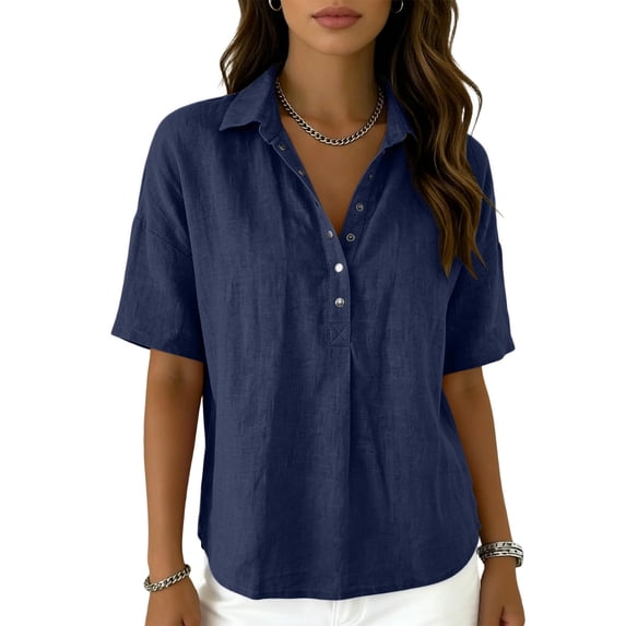 Nestiefly Women’s Cotton Linen Polo Shirt Casual Short Sleeve Summer Top Thin Short Sleeve Button Down Shirts Blouses Navy S