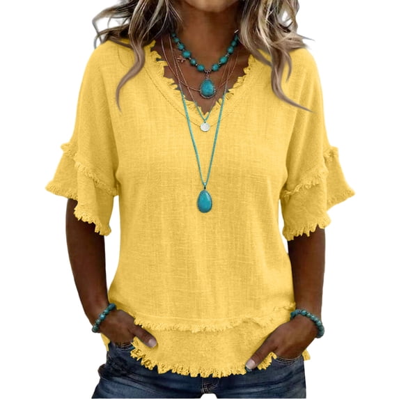 Nestiefly Women's Cotton Linen Tops V Neck Ruffle Short Sleeve Fringe Trim Summer Cute Blouses Casual Loose Fit Flowy Tunic Top 2026 Yellow 2XL