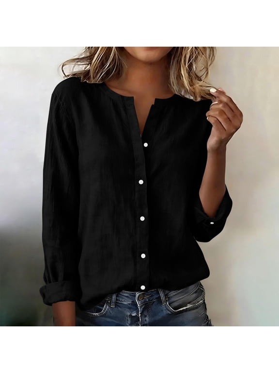Women's Cotton Linen V Neck Button Down Shirt Long/Roll Up Sleeve Casual Work Blouse Top Black M