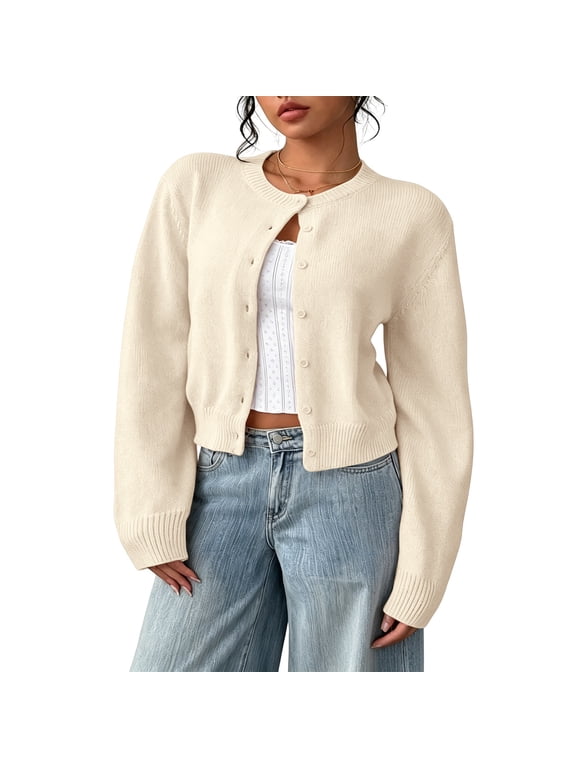 Women's Cropped Cardigan Sweater Lightweight Soft Knit Long Sleeve Crew Neck Button Down Clothes Spring Fall Beige M