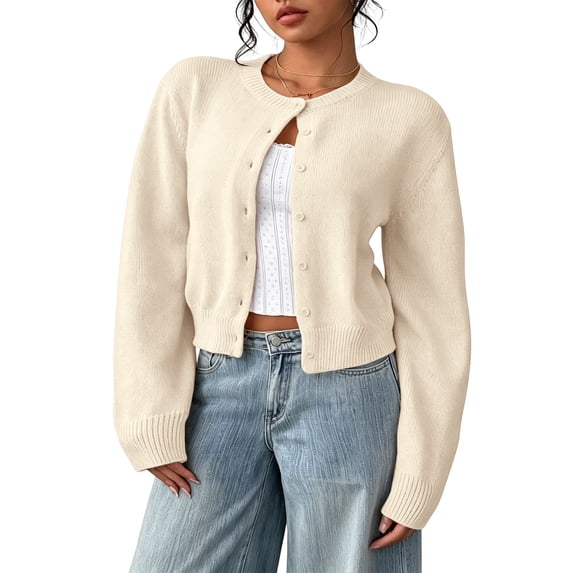 Nestiefly Women's Cropped Cardigan Sweater Lightweight Soft Knit Long Sleeve Crew Neck Button Down Clothes Spring Fall Beige S