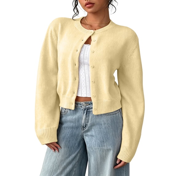 Nestiefly Women's Cropped Cardigan Sweater Lightweight Soft Knit Long Sleeve Crew Neck Button Down Clothes Spring Fall Yellow S
