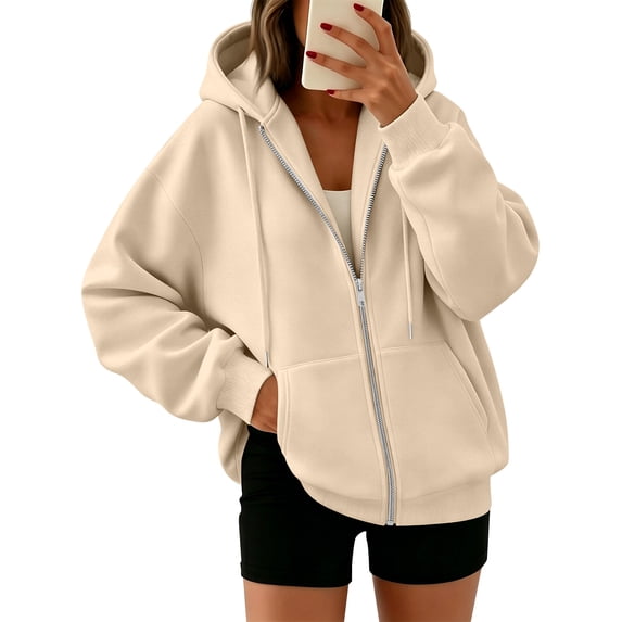 Nestiefly Women's Drawstring Long Sleeve Sweatshirts Zip Up Cute Oversized Fleece Hoodies with Pockets Khaki M