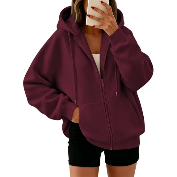 Nestiefly Women's Drawstring Long Sleeve Sweatshirts Zip Up Cute Oversized Fleece Hoodies with Pockets Wine 3XL