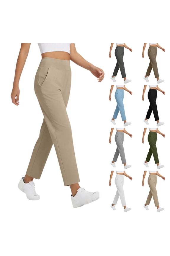Women's Golf Pants Stretchy Travel Dress Pant High Waisted with Pockets Straight Leg Soft Work Lightweight Beige L