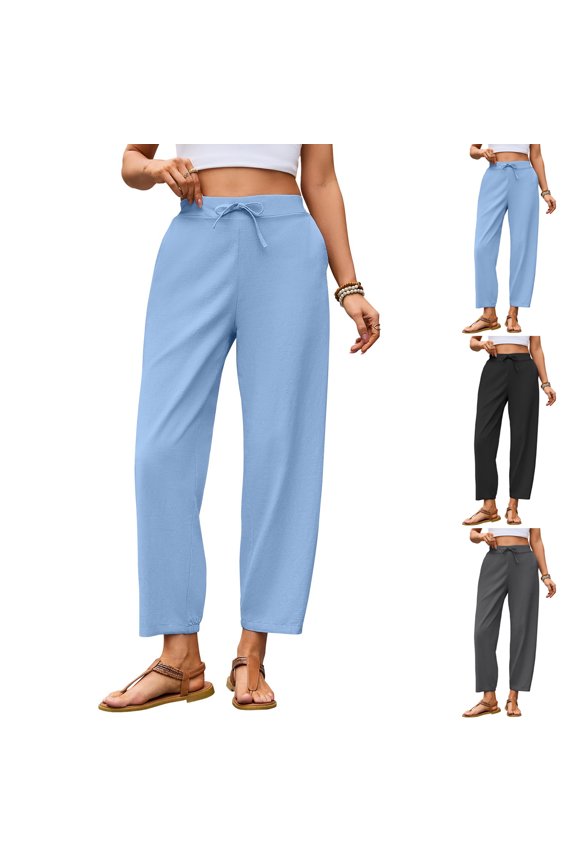 Women's Linen Harem Pants Casual Loose Fit Wide Leg Cropped Lightweight Drawstring Elastic Waist Pants with Pockets Blue S
