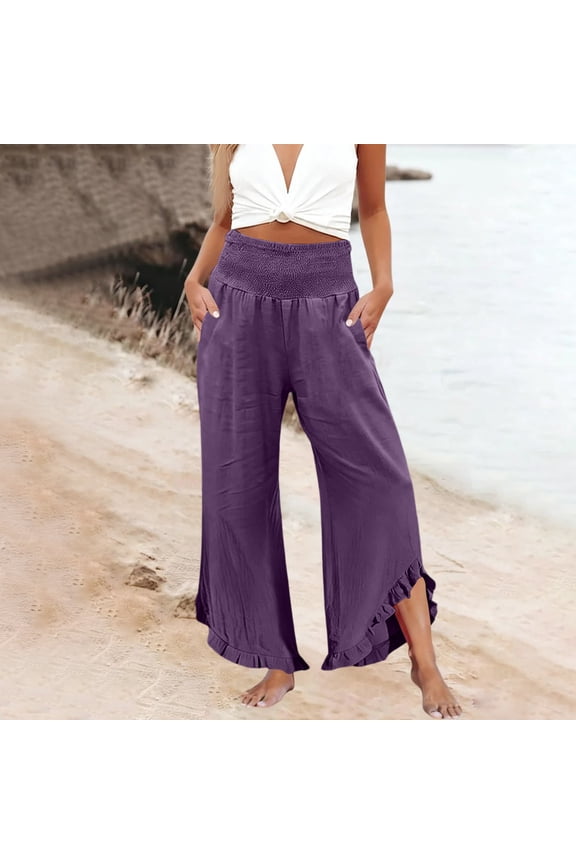 Women's Linen Pants Summer Wide Leg Pants Smocked Waist Ruffle Hem Palazzo Pant Boho Flowy Beach Pant with Pocket Purple 3XL