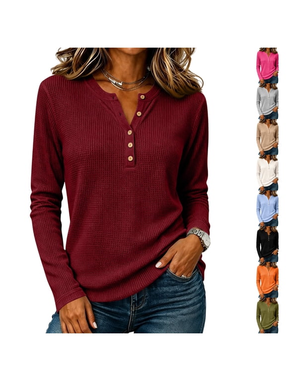 Women's Long Sleeve Shirts Waffle Knit Button Down Henley Neck Tops Lightweight Business Fall Casual Basic Blouses Wine 2XL