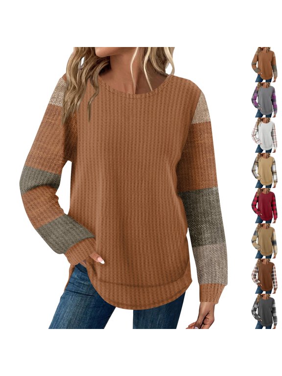 Women's Long Sleeve Waffle Knit Shirts Striped Crew Neck Fall Layering Piece Tops Basics Winter Casual Pullover Blouses Brown 2XL