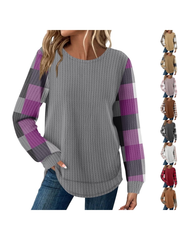 Women's Long Sleeve Waffle Knit Shirts Striped Crew Neck Fall Layering Piece Tops Basics Winter Casual Pullover Blouses Light Gray XL