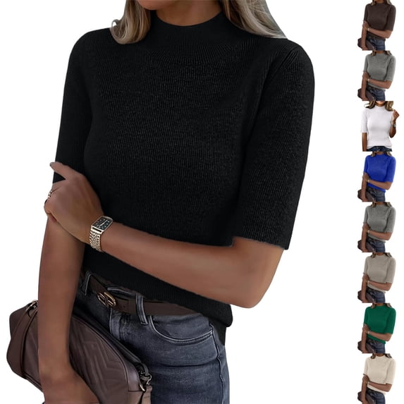 Nestiefly Women's Mock Neck Sweater Half Sleeve Slim Fit Breathable Top Ribbed Knit Pullover Casual Fall Clothes Black S