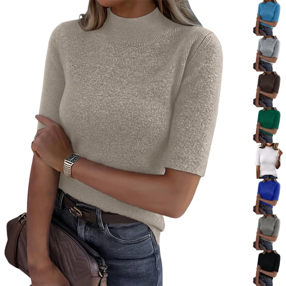 Nestiefly Women's Mock Neck Sweater Half Sleeve Slim Fit Breathable Top Ribbed Knit Pullover Casual Fall Clothes Camel L