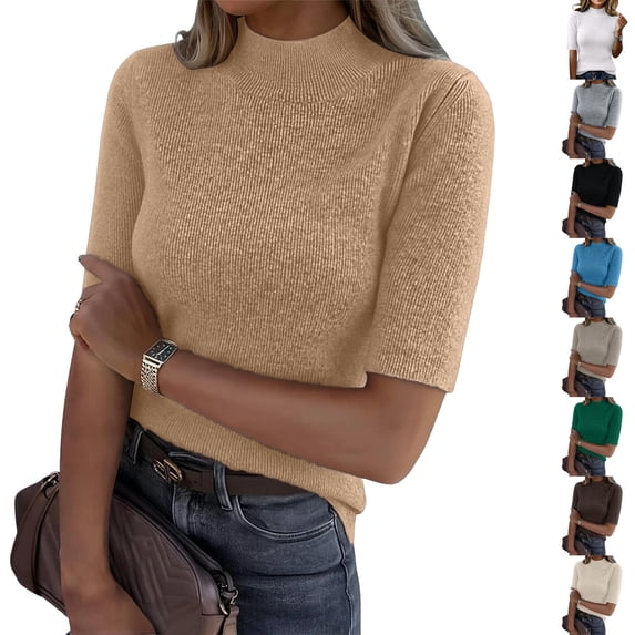 Nestiefly Women's Mock Neck Sweater Half Sleeve Slim Fit Breathable Top Ribbed Knit Pullover Casual Fall Clothes Light Brown L