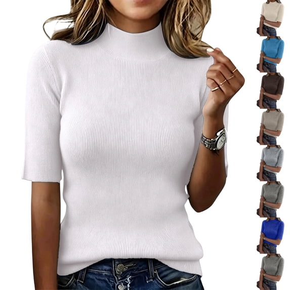 Nestiefly Women's Mock Neck Sweater Half Sleeve Slim Fit Breathable Top Ribbed Knit Pullover Casual Fall Clothes White XL