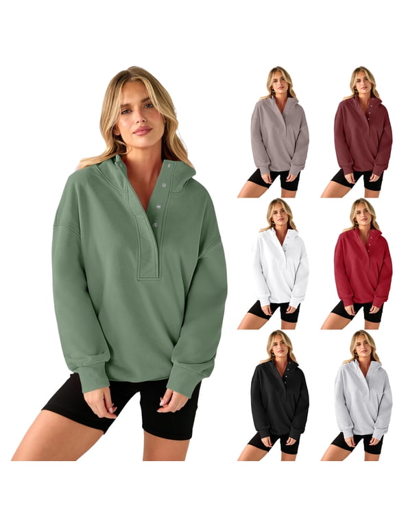 Women's Oversized Mock Neck Sweatshirts - Lightweight Snap Button Henley Neck Cozy Pullover Casual Tops Army Green M