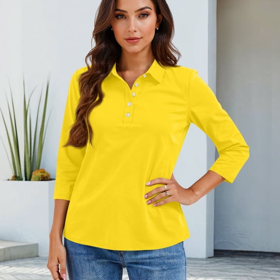 Nestiefly Women's Polo Shirt 3/4 Length Sleeve Tops Collared Button Down Golf Tee Casual Spring Summer Work T Shirts Yellow XL