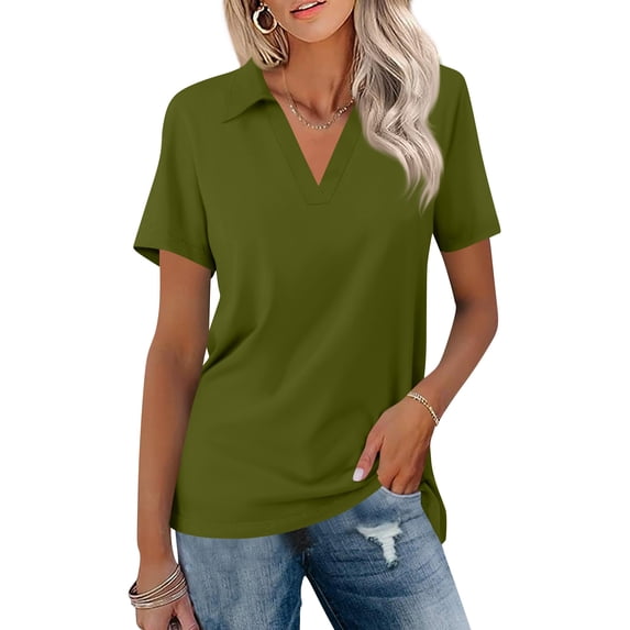 Nestiefly Women's Polo Shirts Short Sleeve Collared V-Neck Business Casual Work Tops Dressy Collar Cute Blouses Army Green M