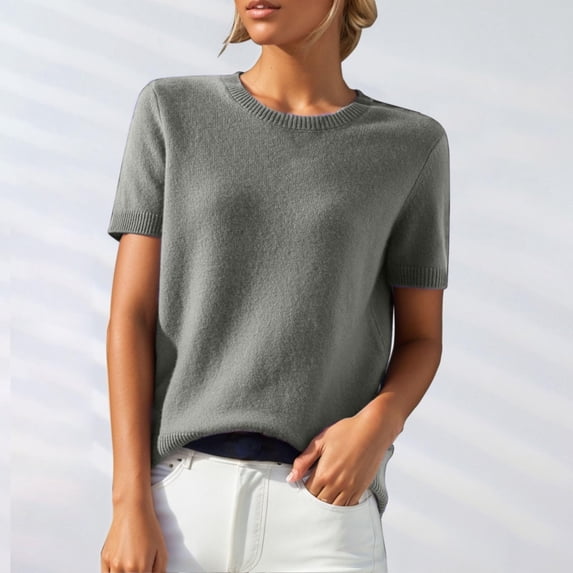Nestiefly Women's Short Sleeve Sweater Top, Lightweight Blend Knit Crewneck Pullover for Work, Business Casual & Travel 2026 Gray M