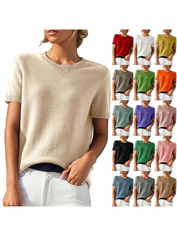 Women's Short Sleeve Sweater Top, Lightweight Blend Knit Crewneck Pullover for Work, Business Casual & Travel Camel M