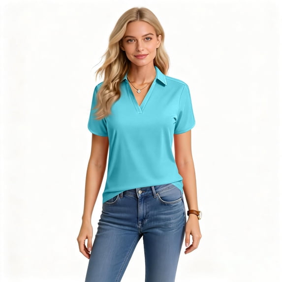 Nestiefly Women's Short Sleeve V Neck Polo Shirts Summer Collared Tops Casual Loose Tees Tops Sky Blue S