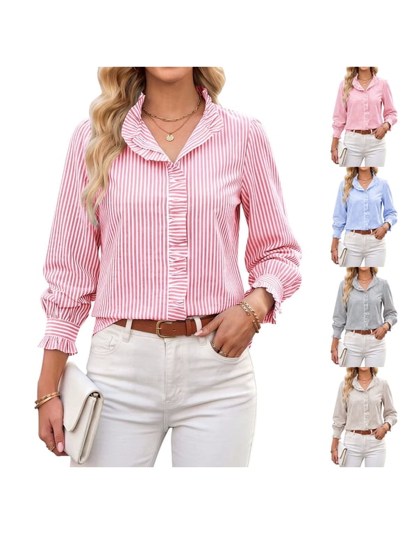 Women's Striped Button Down Shirts Long Sleeve Smocked Cuffed Ruffle Collar Blouses Spring Work Business Casual Tops Black L