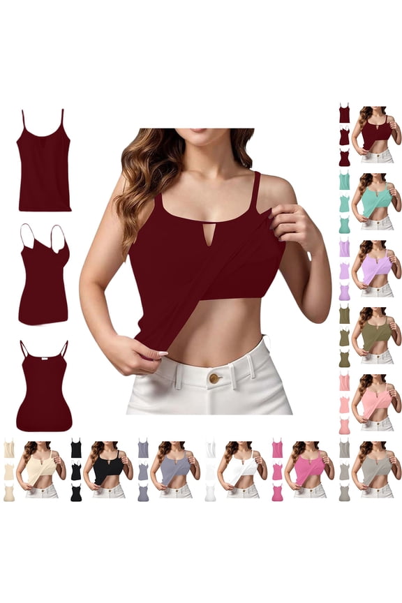 Women's Tank Tops with Built-in Bra hollow-out Adjustable Spaghetti Strap Padded Shelf Camisole Cotton Layering Undershirts Purple Pink L