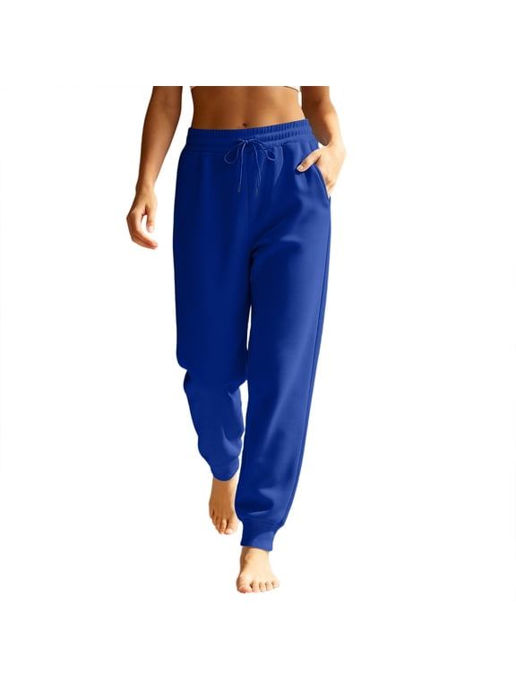 Women's Tapered Joggers with Pockets High Waist Elastic Drawstring sweatpants Ribbed Ankle Cuffs Casual Pants Royal Blue 2XL