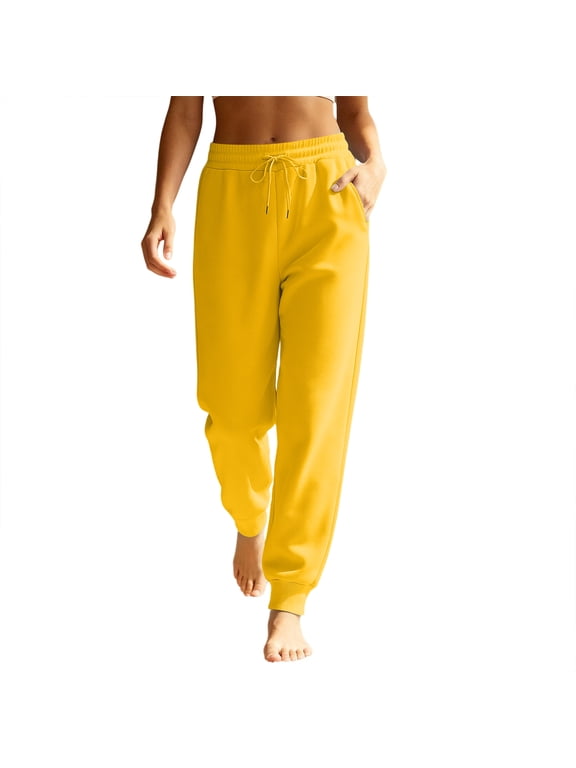 Women's Tapered Joggers with Pockets High Waist Elastic Drawstring sweatpants Ribbed Ankle Cuffs Casual Pants Yellow L