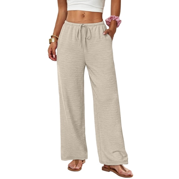 Nestiefly Women's Wide Leg Beach Pants Elastic Waist Lightweight Casual Flowy Palazzo Summer Lounge Trousers with Pockets Beige XL