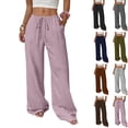 thumbnail image 1 of Nestiefly Women's Wide Leg Linen Beach Pants Elastic Waist Lightweight Casual Flowy Palazzo Lounge Trousers with Pockets Pink L, 1 of 6