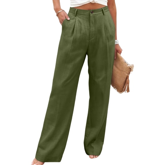 Nestiefly Women's Wide Leg Linen Pants Casual High Waisted Slacks Straight Dressy Pants Palazzo Trousers with Pockets Army Green XL